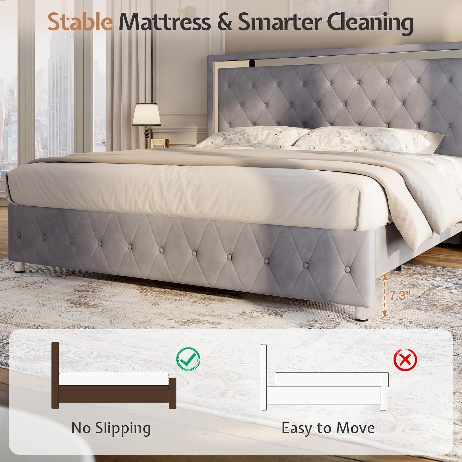 Jocisland Full Bed Frame with LED Lights Headboard&Footboard, Velvet Upholstered Full Size Platform Bed Frame No Box Spring Needed/Light Grey