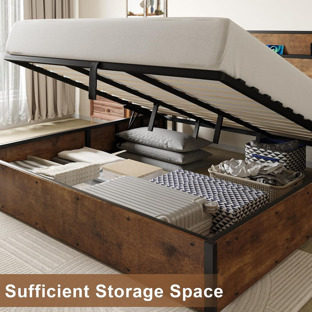 AMERLIFE King Size Lift Up Storage Bed Frame, Wooden Platform Bed Frame with Lifting Storage & Charging Station, No Spring Box Needed/Noise Free, Rustic Brown