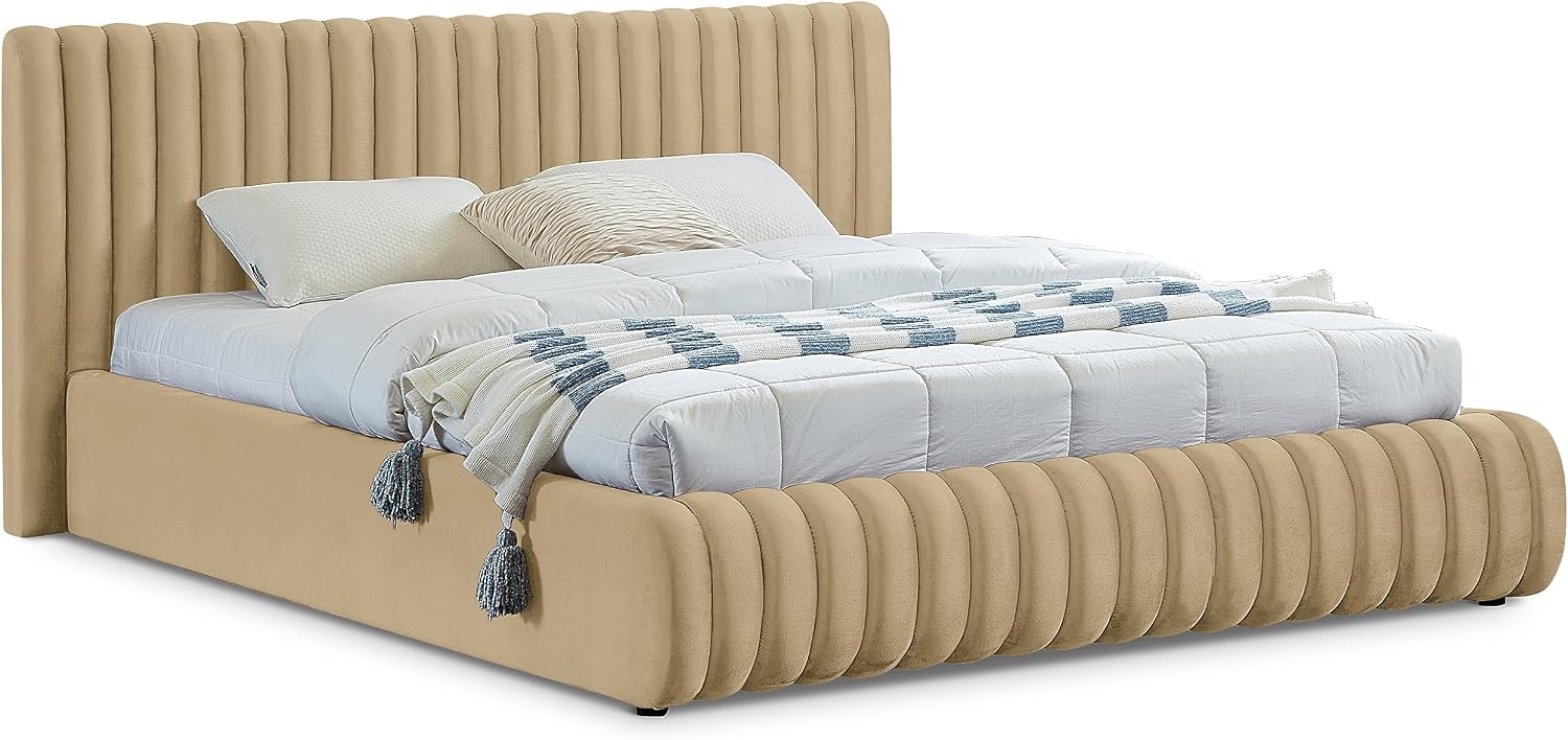 Meridian Furniture NicoCamel-K Nico Collection Modern | Contemporary Velvet Upholstered King Bed with Rich Camel Velvet and Deep Channel Tufting, 89' W x 91' D x 38' H, Camel, King
