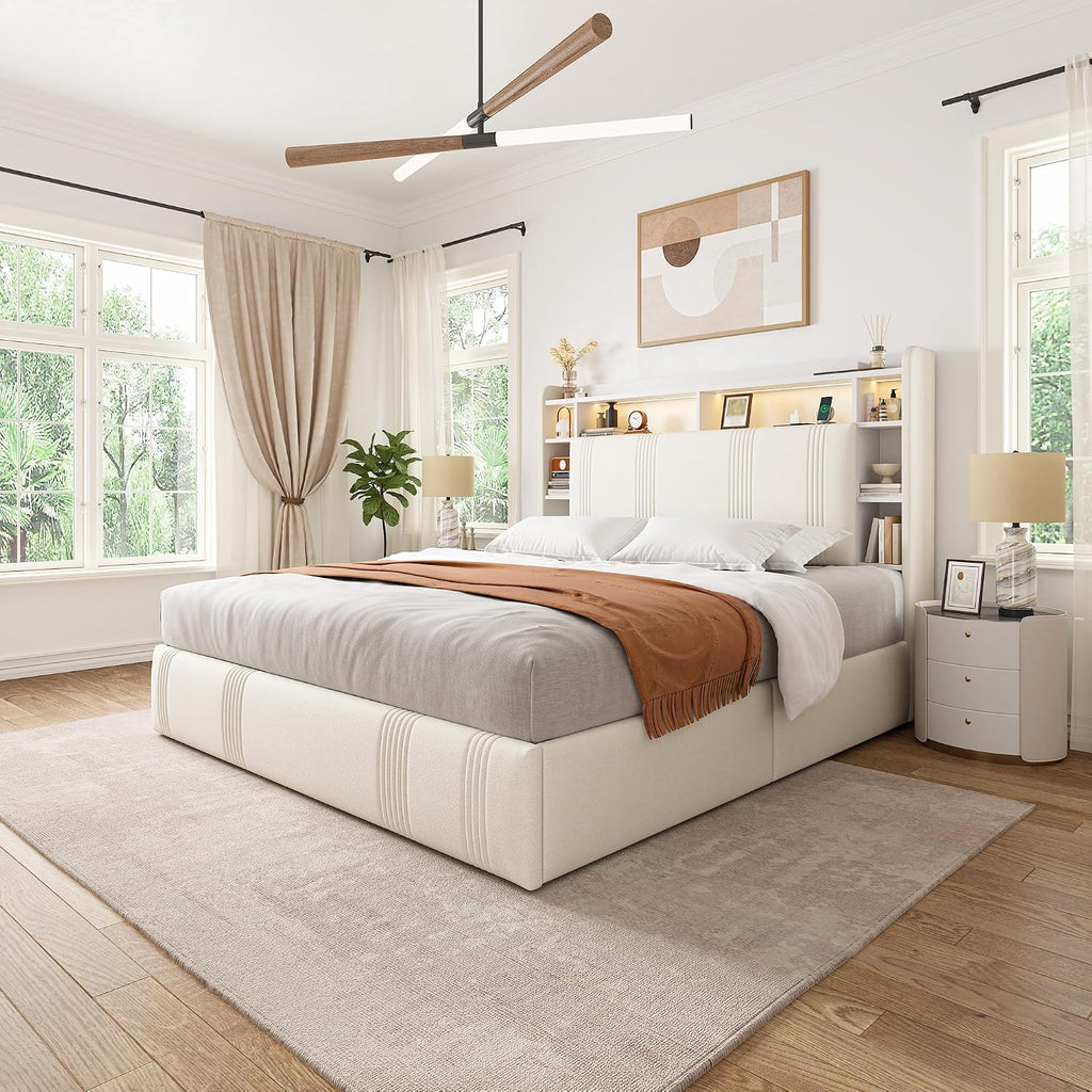 EnHomee Full Size Bed Frame with 4 Storage Drawers and Headboard Upholstered Full Bed Frame with LED & Charging Station & Shelf, No Noise, No Box Spring Needed, Beige