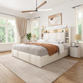 EnHomee Full Size Bed Frame with 4 Storage Drawers and Headboard Upholstered Full Bed Frame with LED & Charging Station & Shelf, No Noise, No Box Spring Needed, Beige