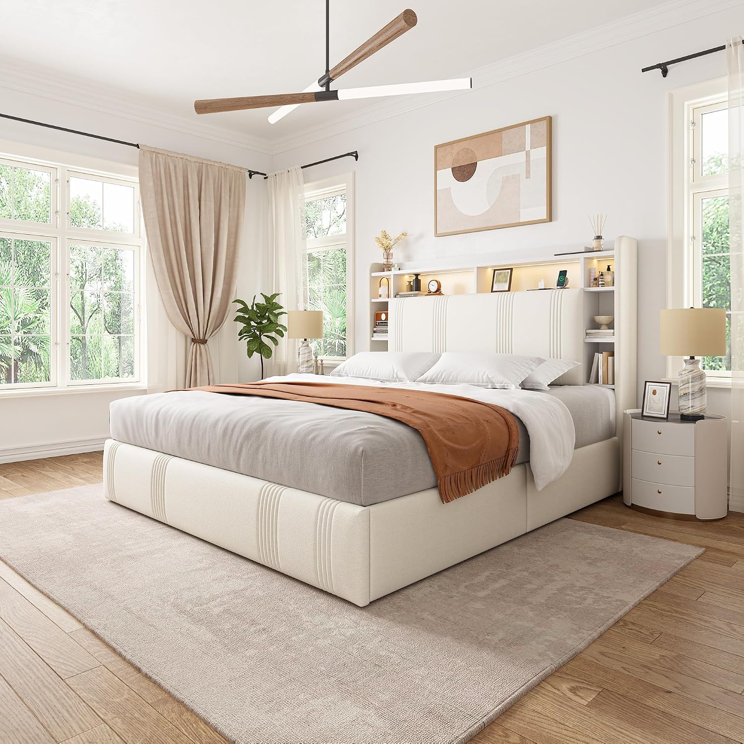 EnHomee Full Size Bed Frame with 4 Storage Drawers and Headboard Upholstered Full Bed Frame with LED & Charging Station & Shelf, No Noise, No Box Spring Needed, Beige