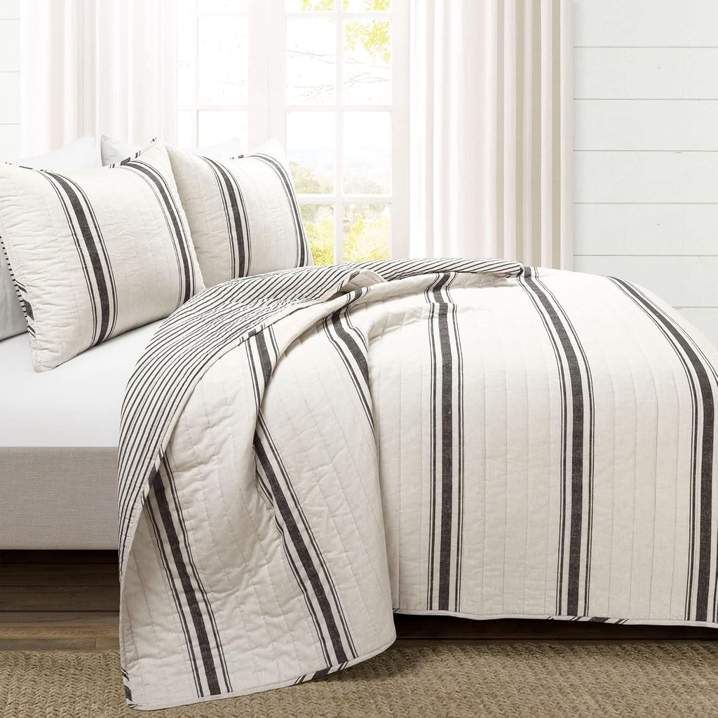 Lush Decor Farmhouse Stripe Reversible Cotton Quilt California King Size 3 Piece Set Black - Farmhouse Bedding Set - Cal King Quilt - Striped Bedding