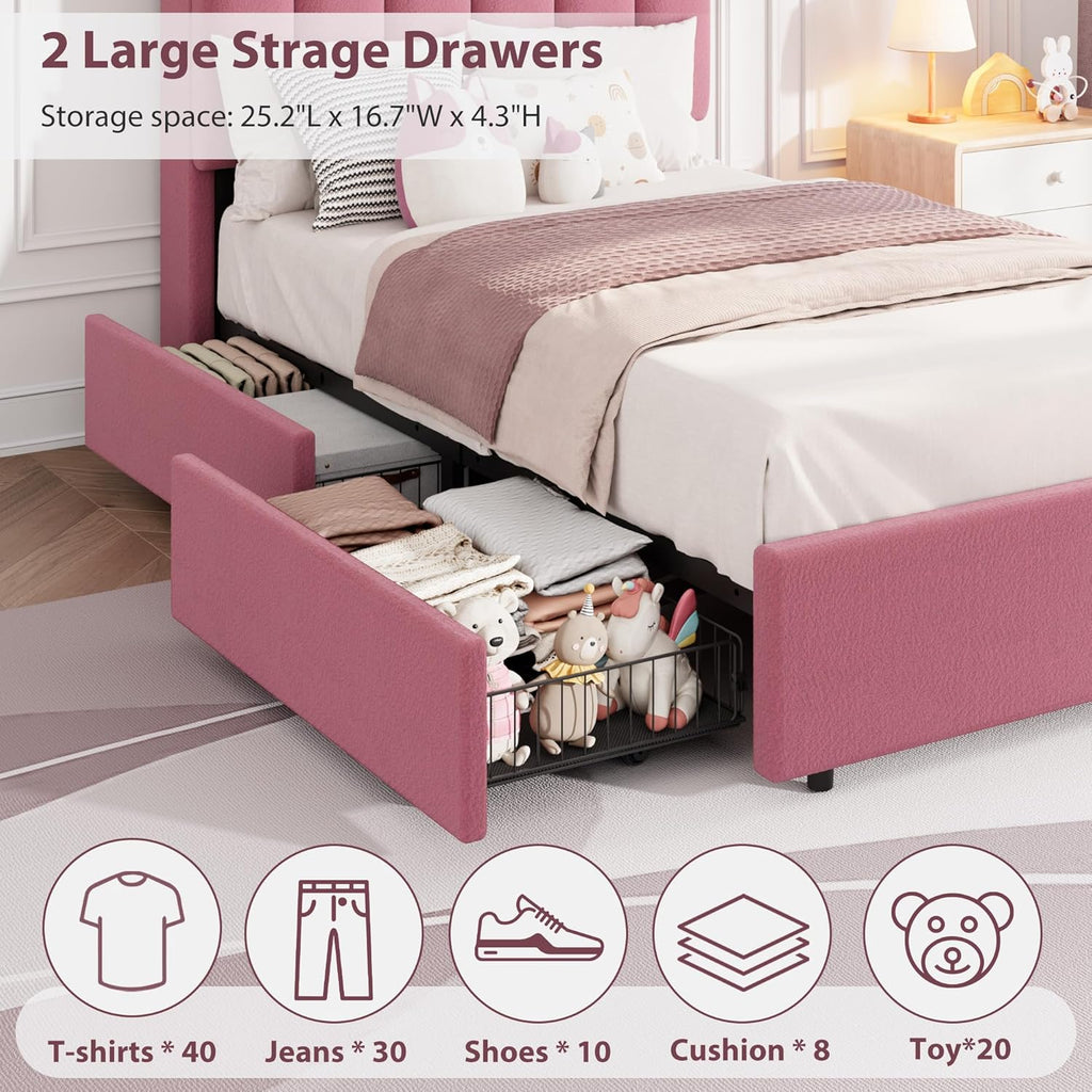 Garvee LED Twin Size Bed Frame with Storage Headboard, Kids Bed Frame with 2 Drawers, Boucle Upholstered Platform Bed for Girls, Chic Wavy Headboard with Bookcase, No Box Spring Needed, Dark Pink