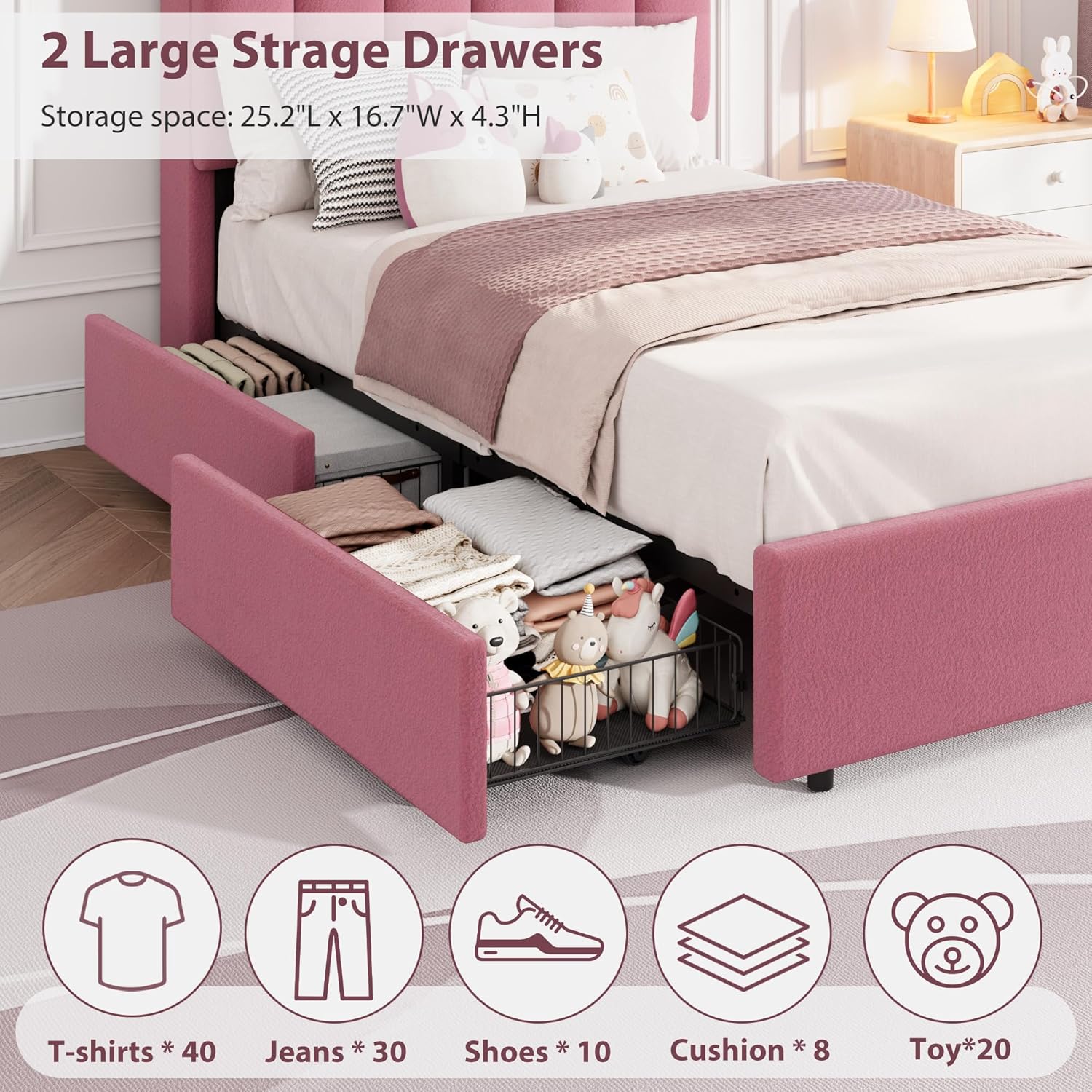 Garvee LED Twin Size Bed Frame with Storage Headboard, Kids Bed Frame with 2 Drawers, Boucle Upholstered Platform Bed for Girls, Chic Wavy Headboard with Bookcase, No Box Spring Needed, Dark Pink
