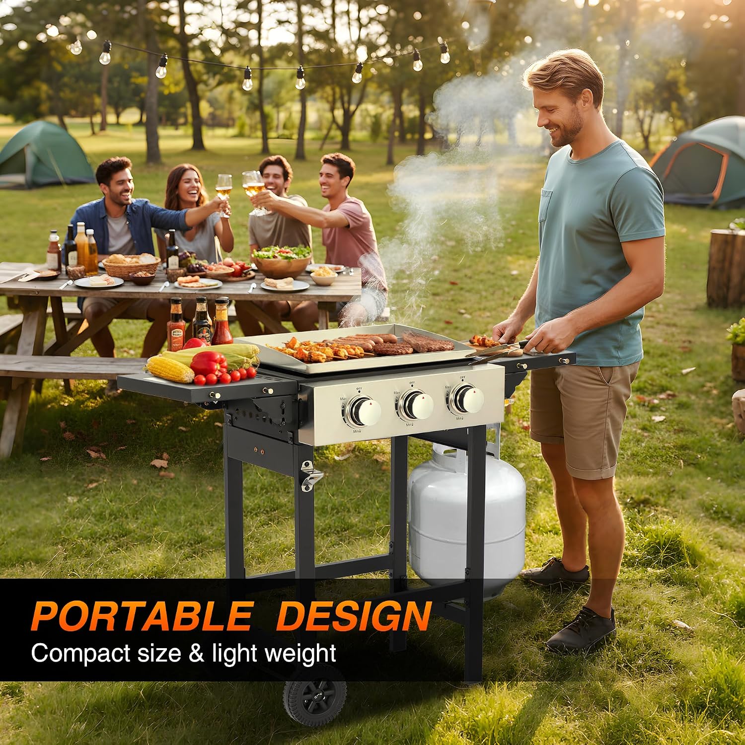 3 Burner Propane Flat Top Grill, 18 Inch Stainless Steel Griddle with Detachable Tabletop & Cart, BBQ Cooker with Side Shelf & 2 Wheels, 28,650 BTU, Dust Cover & Hose for Camping Tailgating