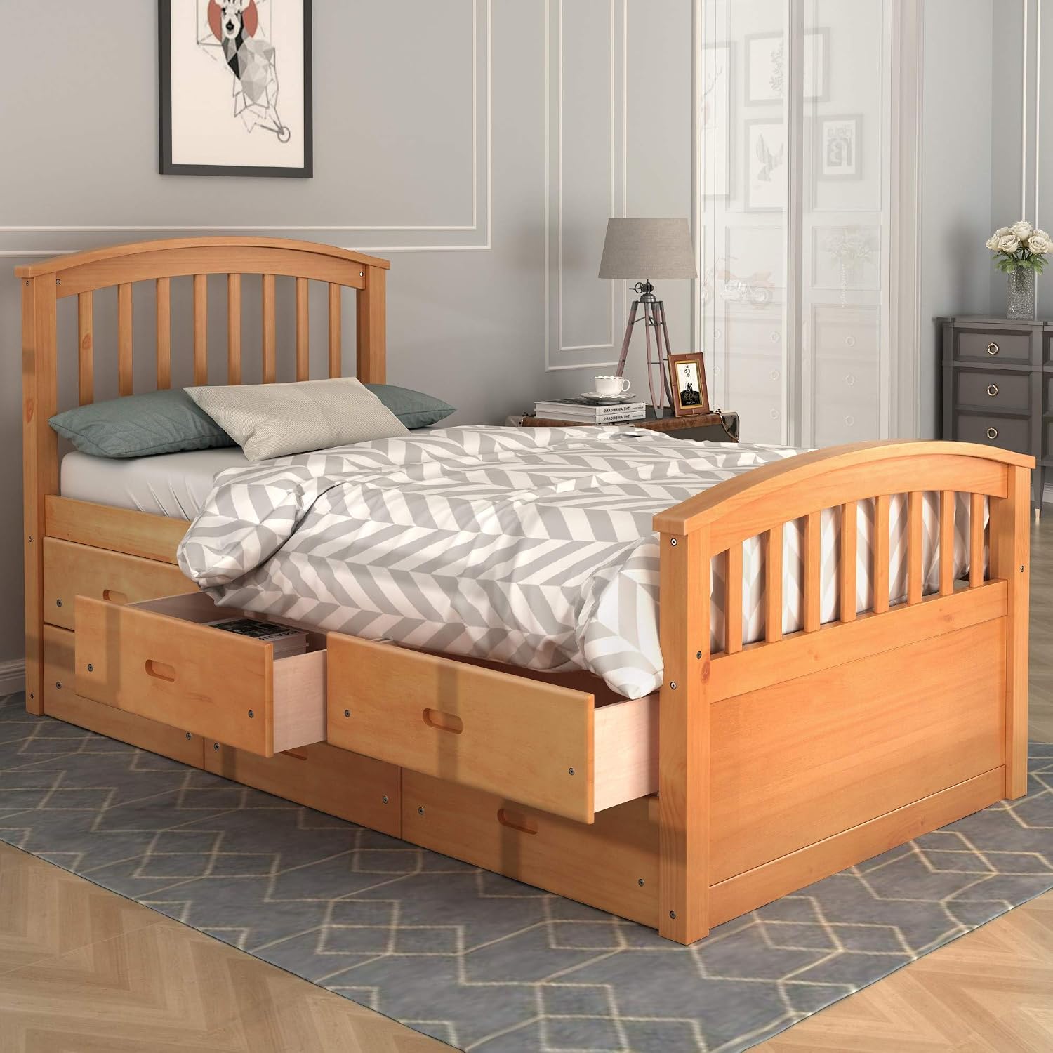 Merax Twin Size Platform Storage Bed Solid Wood Bed with 6 Drawers