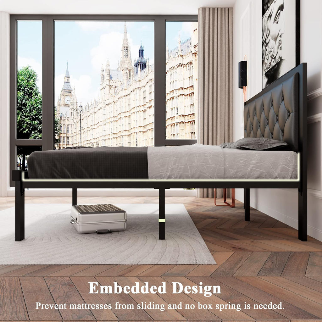 Feonase Full Size Metal Bed Frame with Faux Leather Button Tufted Headboard, Heavy-Duty Platform Bed Frame with 12' Storage, Steel Slats Support, No Box Spring Needed, Noise Free, Black