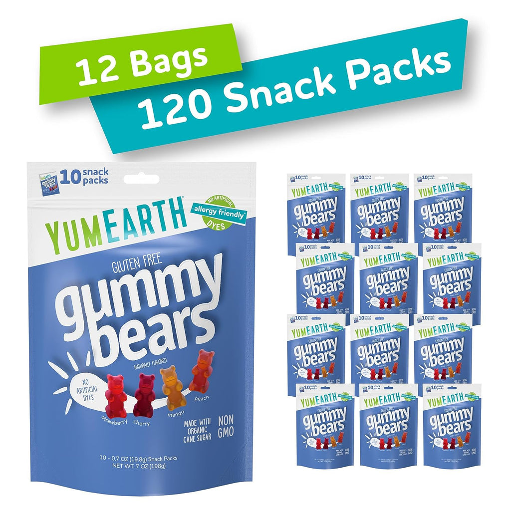 YumEarth Gummy Bears, Assorted Flavors, 10 Snack Packs Per Bag (Pack of 12)