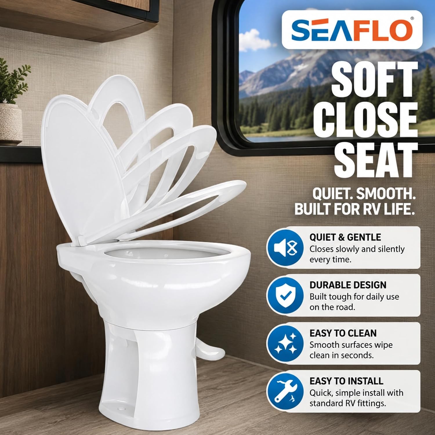 SEAFLO Porcelain RV Toilet with Elongated Bowl, 19' Residential Height, Gravity Flush, Foot Pedal Flush, Soft Close Seat, Easy Install, Camper Toilet, 4-Year Warranty, SFRTCH-02-01