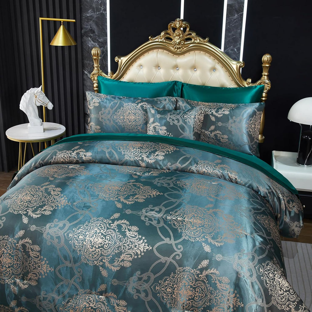Green Jacquard King Comforter Set Sheet Set Elegant Bedding Set 8 Pcs Embroidery Neoclassical Floral Pattern Bed Home Decor Soft Down Comforter Luxury Hotel Silky Bed in a Bag with 1 Cushion Cover