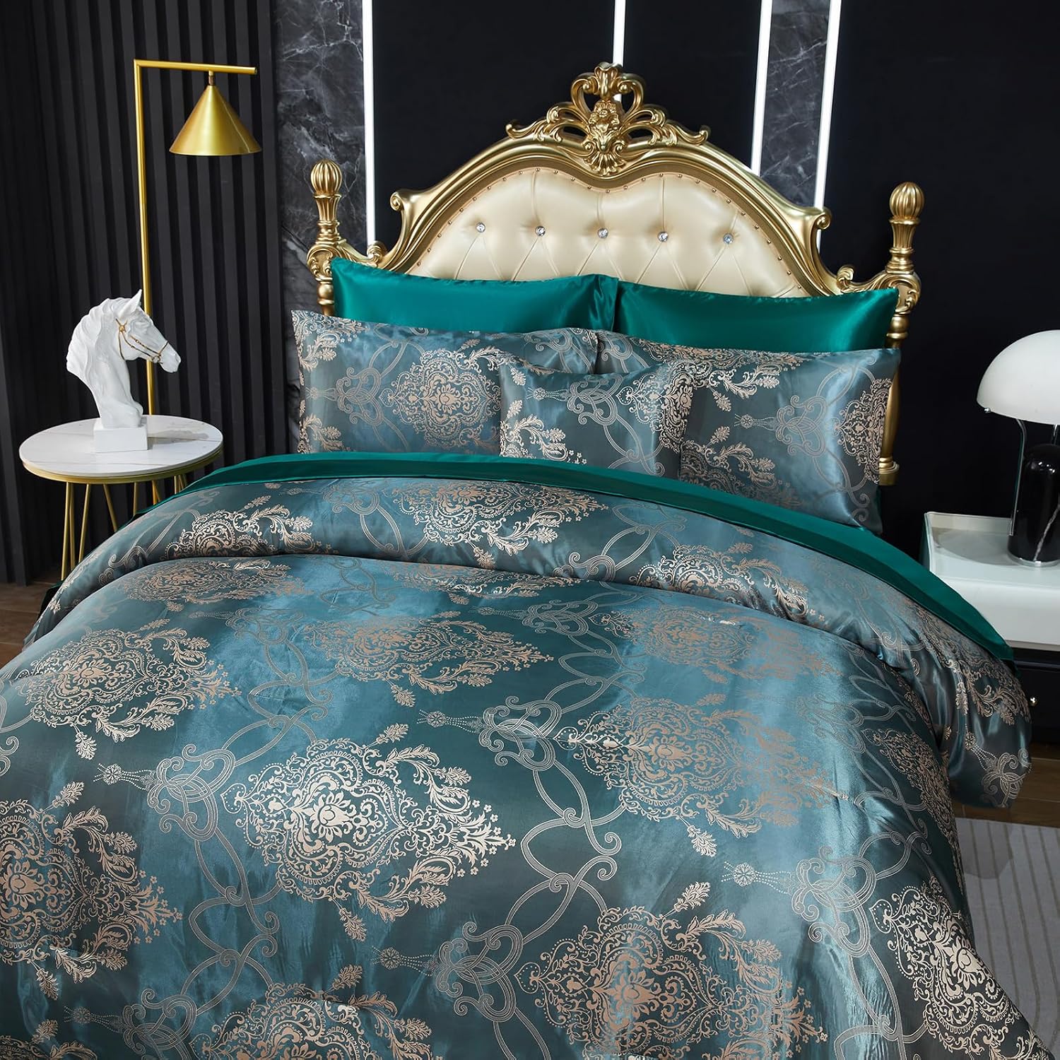Green Jacquard King Comforter Set Sheet Set Elegant Bedding Set 8 Pcs Embroidery Neoclassical Floral Pattern Bed Home Decor Soft Down Comforter Luxury Hotel Silky Bed in a Bag with 1 Cushion Cover