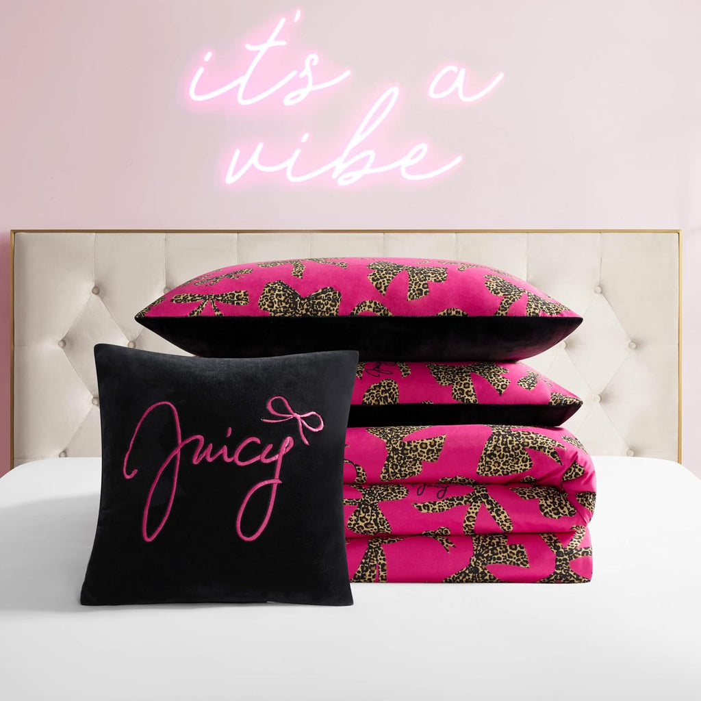 Juicy Couture Plush Reversible Cheetah Bows 4-Piece King Comforter Set with Decorative Pillow