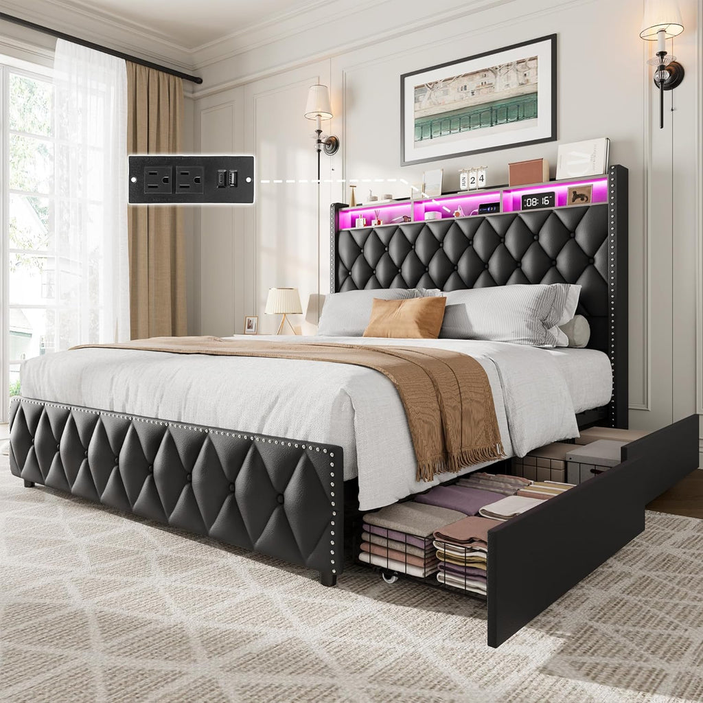 GarveeHome Queen Bed Frame with 50.8 in Tall Headboard, Platform Leather Upholstered Bed Frame with 4 Storage Drawers, USB Charging Station, Led Lights, No Box Spring Needed, Easy Assembly, Black