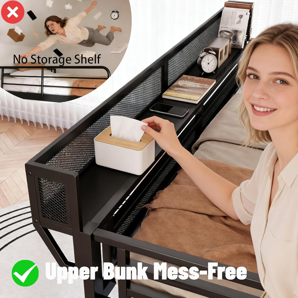 Queen Size Loft Bed with Stairs and LED Light, Metal Loft Bed Frame with Shelf for Adults, Tall Loft Beds with Storage Shelves and Wardrobe for Kids Boys Girls Teens, Convertible Staircase, Black