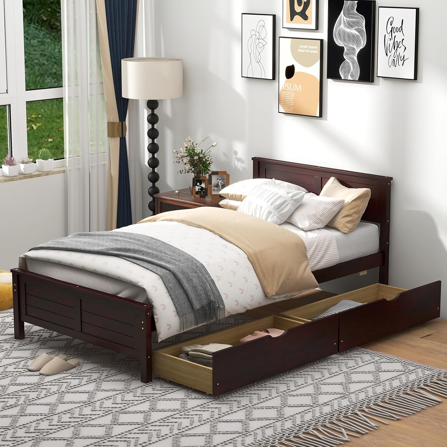 GOFLAME Twin Size Bed Frame with 2 Drawers, Platform Bed with Solid Wood Headboard & Footboard, Wood Slats Support Mattress Foundation, Under Bed Storage, No Box Spring Needed, Easy Assembly, Espresso