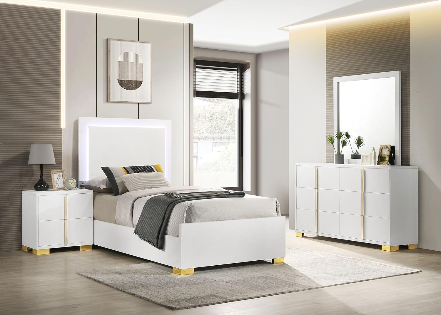 Coaster Home Furnishings Marceline Contemporary 4-Piece Bedroom Set Twin Size LED Panel Bed Frame 51-inch Headboard White 222931T-S4