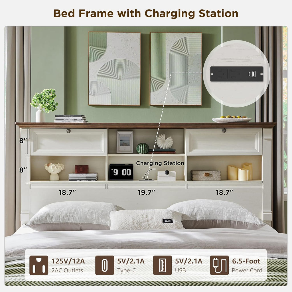T4TREAM Farmhouse Queen Size Bed Frame with 54' Tall Headboard, Wood Platform Bed Frame with 18' Tall Roman Column Decoration Footboard & 2 Large Storage Drawers, No Box Spring Needed(Antique White)