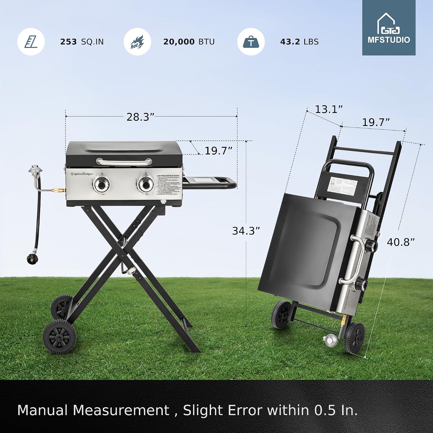 MFSTUDIO Small Portable Propane Griddle, 2 In 1 Gas BBQ Travel Grill with Foldable Stand, Compact and Light Countertop Grills with 2 Burners and Side Table, for Outdoor Cooking, Camping and Roadtrip
