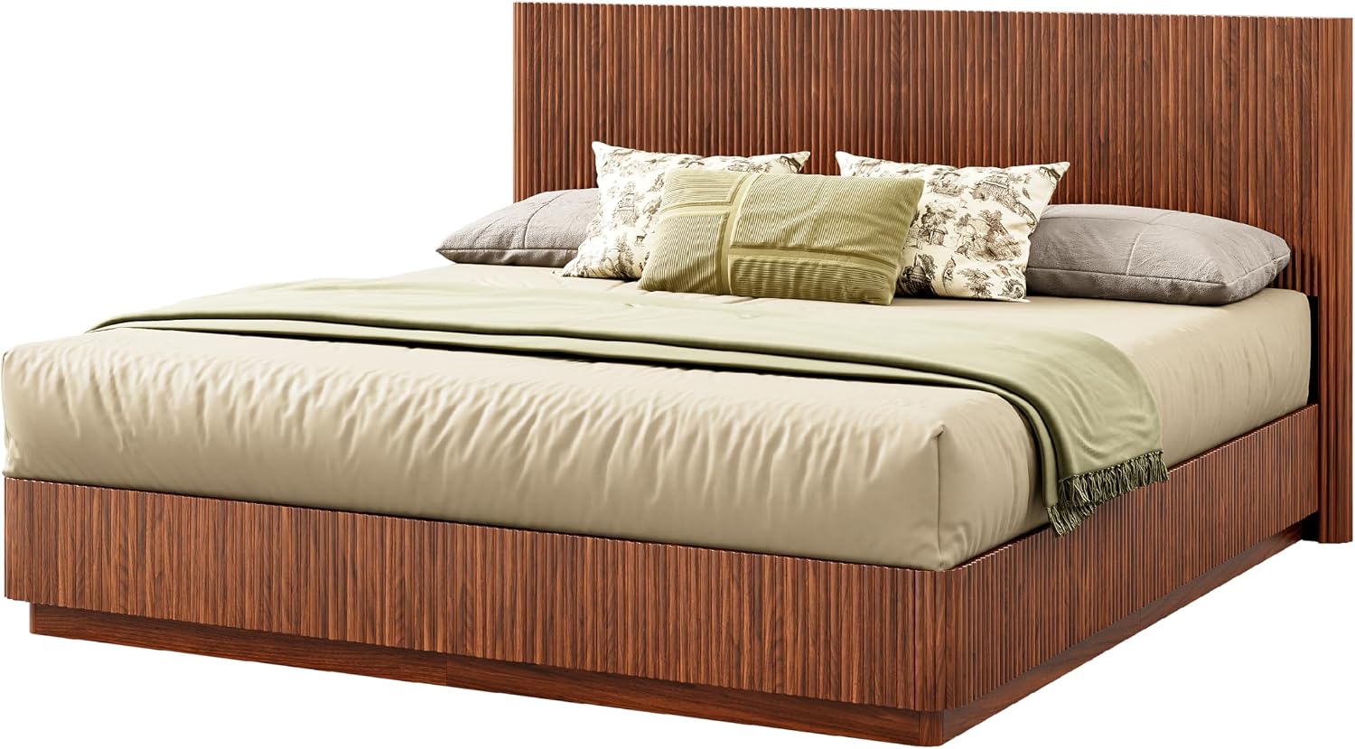 ivoros Mid Century Modern Bed Frame King Size, Fluted Platform Bed Frame with Headboard, Wood and Steel Platform Beds with LED Lights, Heavy Metal Frame Support, No Box Spring Needed, Walnut
