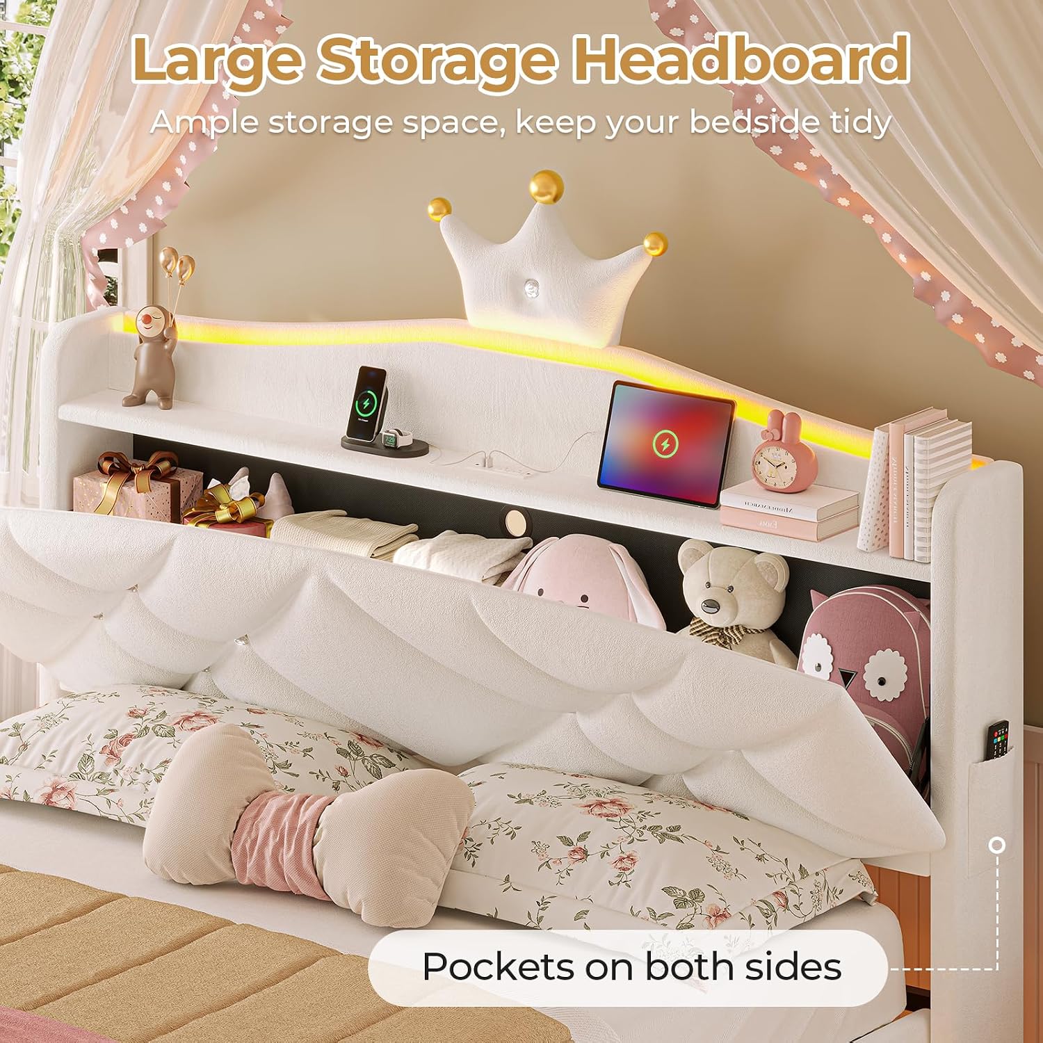 MSmask Full LED Bed Frame with Storage Headboard & 2 Storage Drawers, Princess Upholstered Bed with Charging Station & Crystal Button & Crown, Velvet Platform Bed for Girls, Curved Legs, Cream White