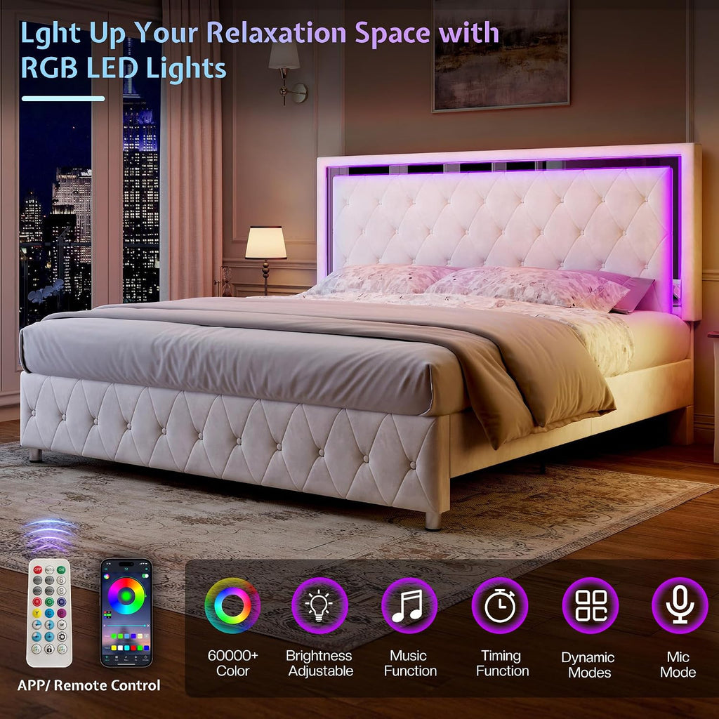 Jocisland Twin Bed Frame with LED Lights Headboard&Footboard, Velvet Upholstered Twin Size Platform Bed Frame No Box Spring Needed/White