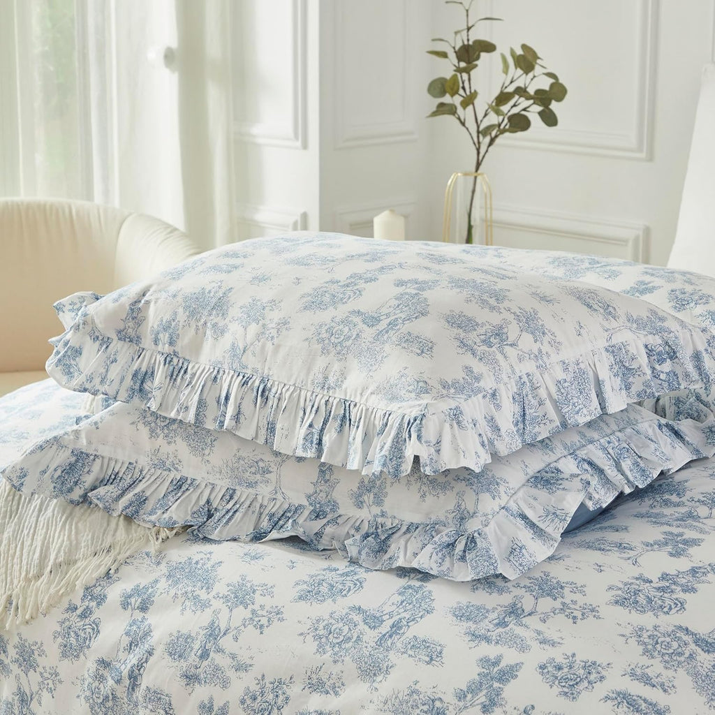 Brandream French Country Toile Queen Duvet Cover Set for Girl Women Bedroom Vintage Blue Toile Floral Print 100% Cotton Duvet Quilt Comforter Cover Pillow Shams Set with Delicate Ruffle Fringe