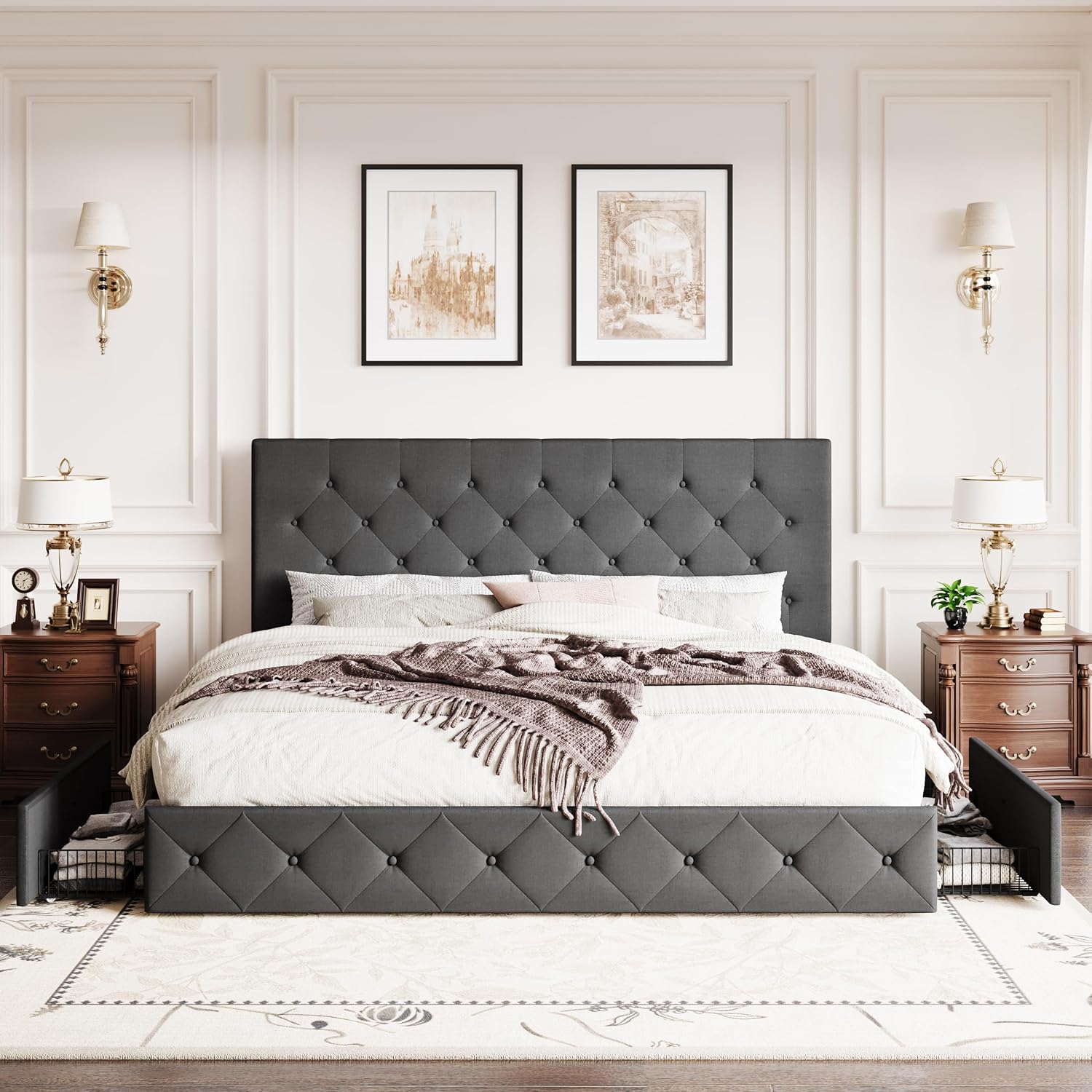 SHA CERLIN Upholstered King Size Platform Bed Frame with 4 Storage Drawers, Adjustable Headboard with Diamond Stitched Button Tufted Design, Wooden Slat Support, No Box Spring Needed, Dark Grey