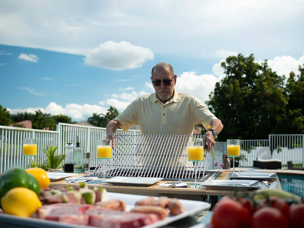 3-in-1 Sit Around Grill with Flat Top Teppanyaki Griddle, BBQ Rack and Cast Iron Grill - Propane Gas and Stainless Steel - Perfect for Outdoor Cooking and Portable for Tailgating, HBC1B