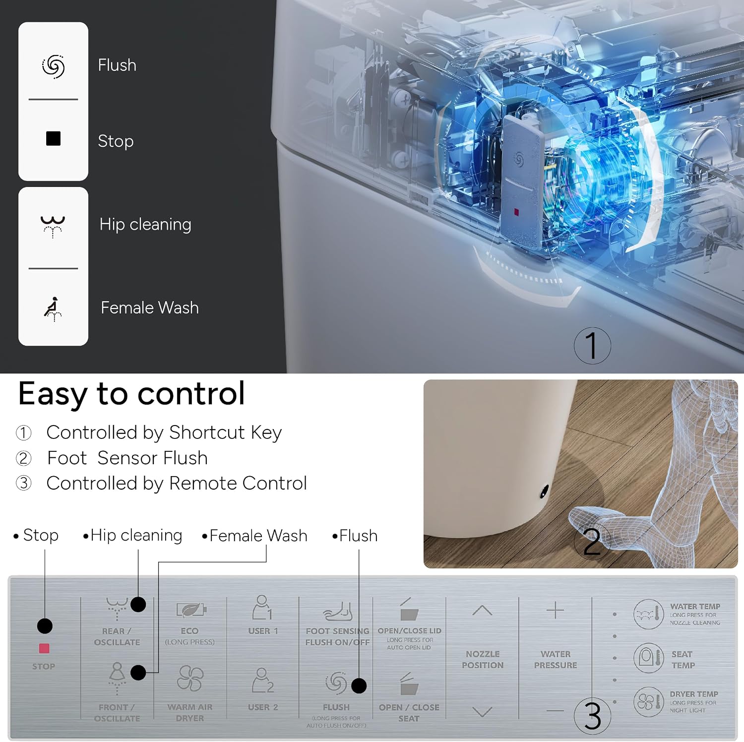 Casta Diva Smart Toilet, Wider Bidet with Heated Seat, Auto Open/Close, Warm Water, Foot Sensor Auto Flushing, Modern Japanese Toilet for Bathroom with Remote Control 1.28GPF(CD-K010)