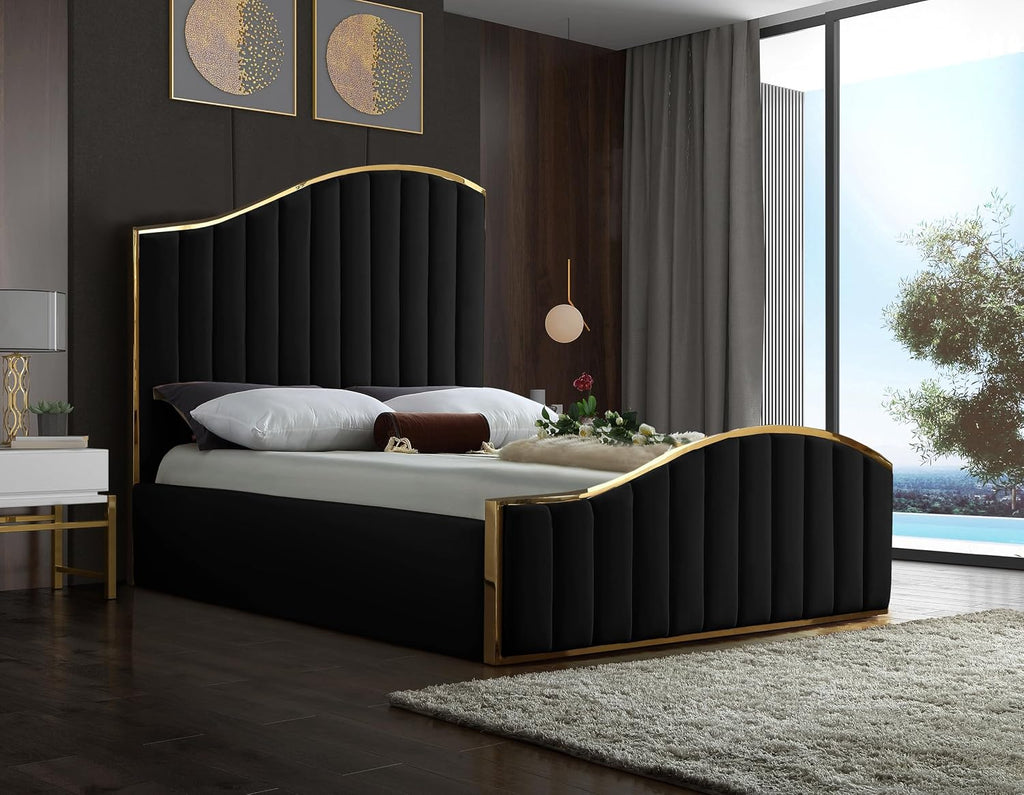 Meridian Furniture Jolie Collection Modern | Contemporary Velvet Upholstered Bed With Channel Tufting, And Polished Gold Metal Frame, Black, King