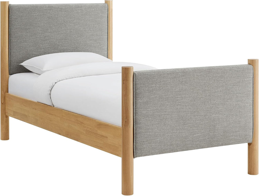 Modway Maven Twin Size Bed Frame in Wheat Oak with Upholstered Fabric Headboard and Footboard – Wood Twin Platform Bed Frame – No Box Spring Needed