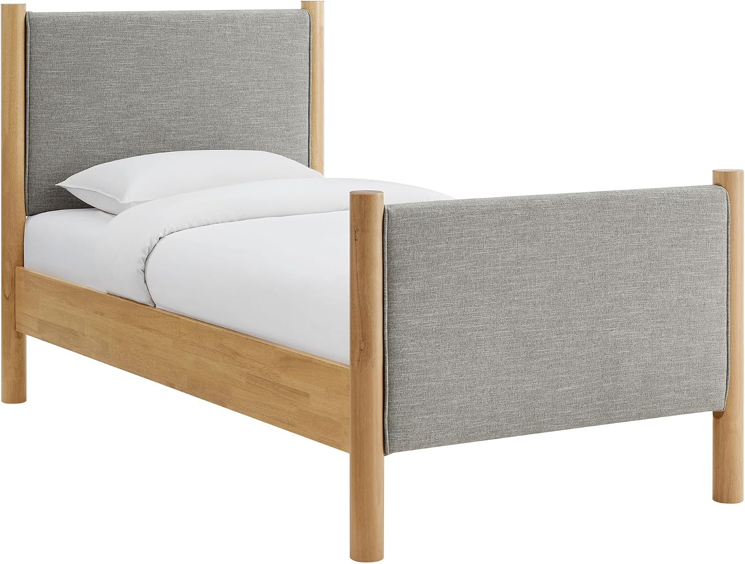 Modway Maven Twin Size Bed Frame in Wheat Oak with Upholstered Fabric Headboard and Footboard – Wood Twin Platform Bed Frame – No Box Spring Needed