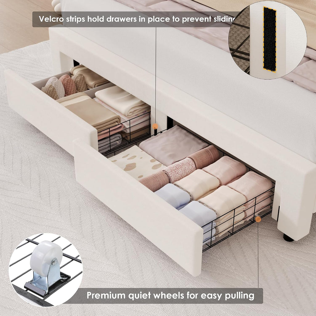 HIFIT Full Upholstered LED Bed Frame with 2 Storage Drawers and Adjustable Chic Double Petal Headboard, Soft Velvet Princess Platform Bed for Girls, Solid Wood Slat Support/No Box Spring Needed, Beige