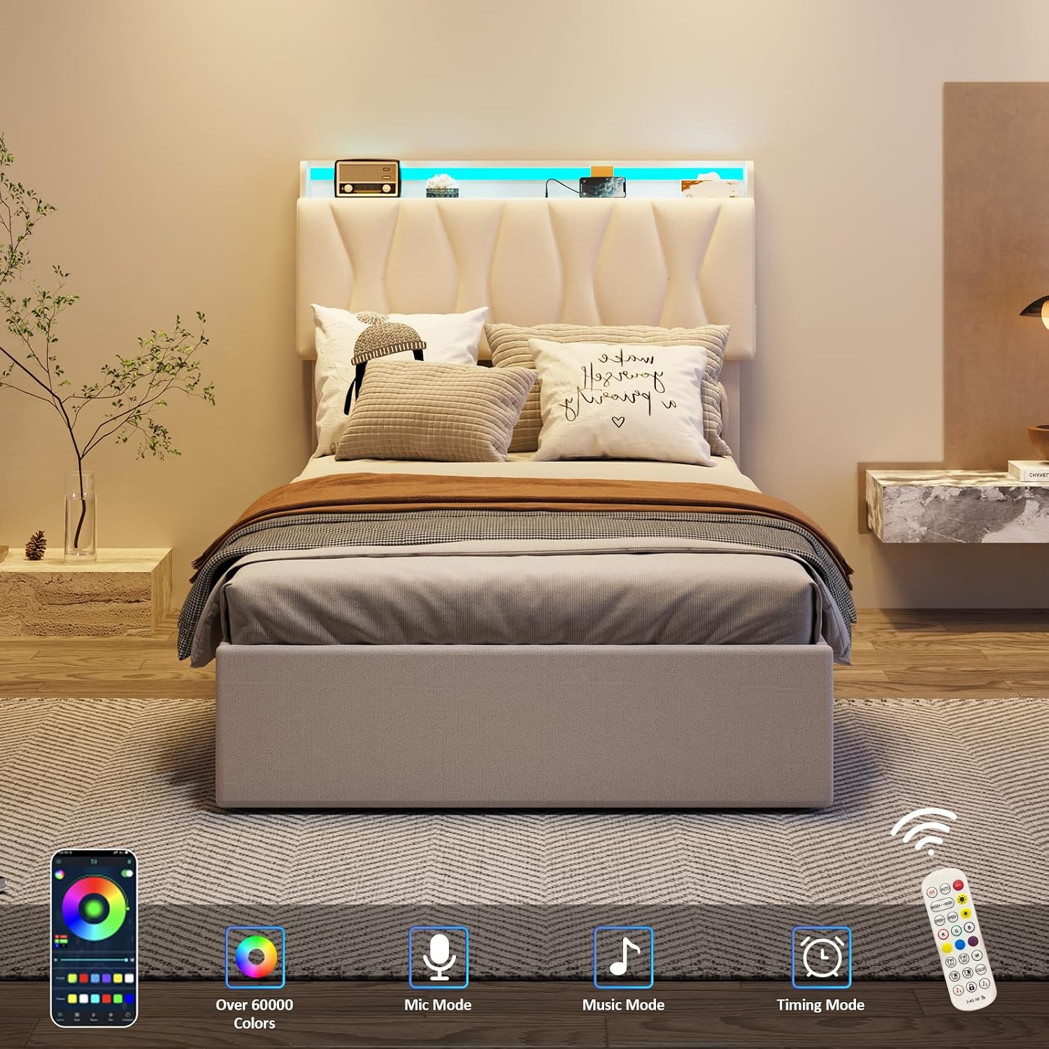 Fameill Twin Size Lift Up Storage Bed Frame with Adjustable Headboard, Charging Station, LED Lights, Wood Slats, Noise-Free, No Box Spring Needed, Beige