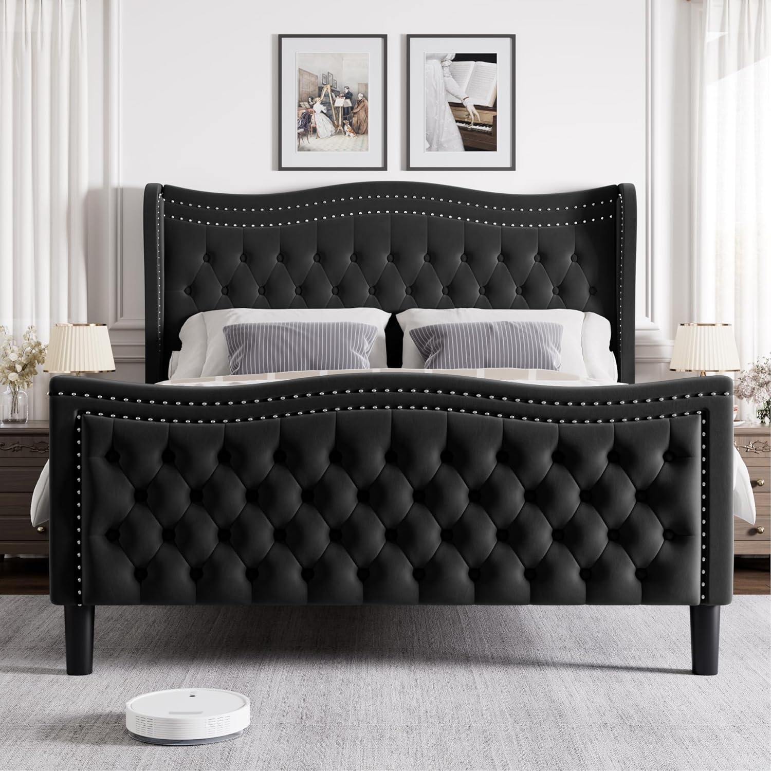 King Bed Frame with Tall Headboard & Footboard, Velvet Upholstered Platform Bed Frame with Deep Button Tufted Wingback, No Box Spring Needed, Noise Free, Black