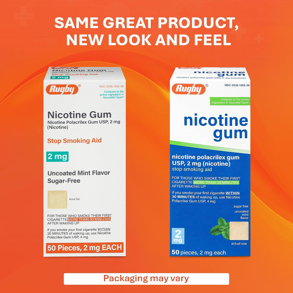 Rugby Polacrilex 2mg Nicotine Gum - USP Uncoated Mint Flavor, Sugar-Free Quit Smoking and Vaping Aid, 50 Count (8-Pack)