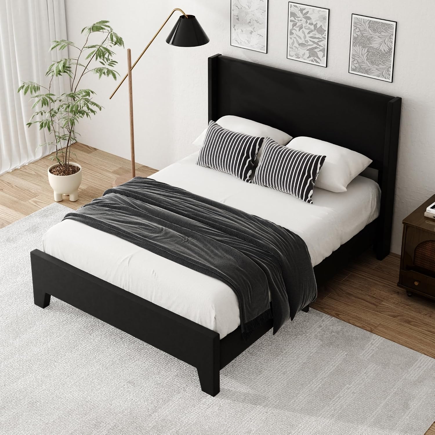 Full Size Bed Frame with Faux Leather Upholstered Headboard, Wear-Resistant, Easy Clean, Mattress Foundation, No Box Spring Required, Easy Assembly, Black