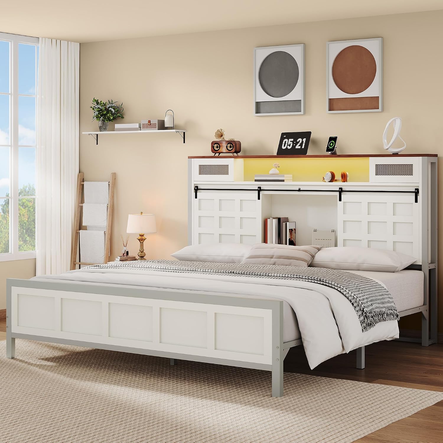 YITAHOME King Size Bed Frame Farmhouse with 49.14' Tall Storage Headboard, Charging Station & Led Light, Sliding Barn Door, Wooden Platform Bed Frame, Metal Slats Support, No Box Spring Needed, White