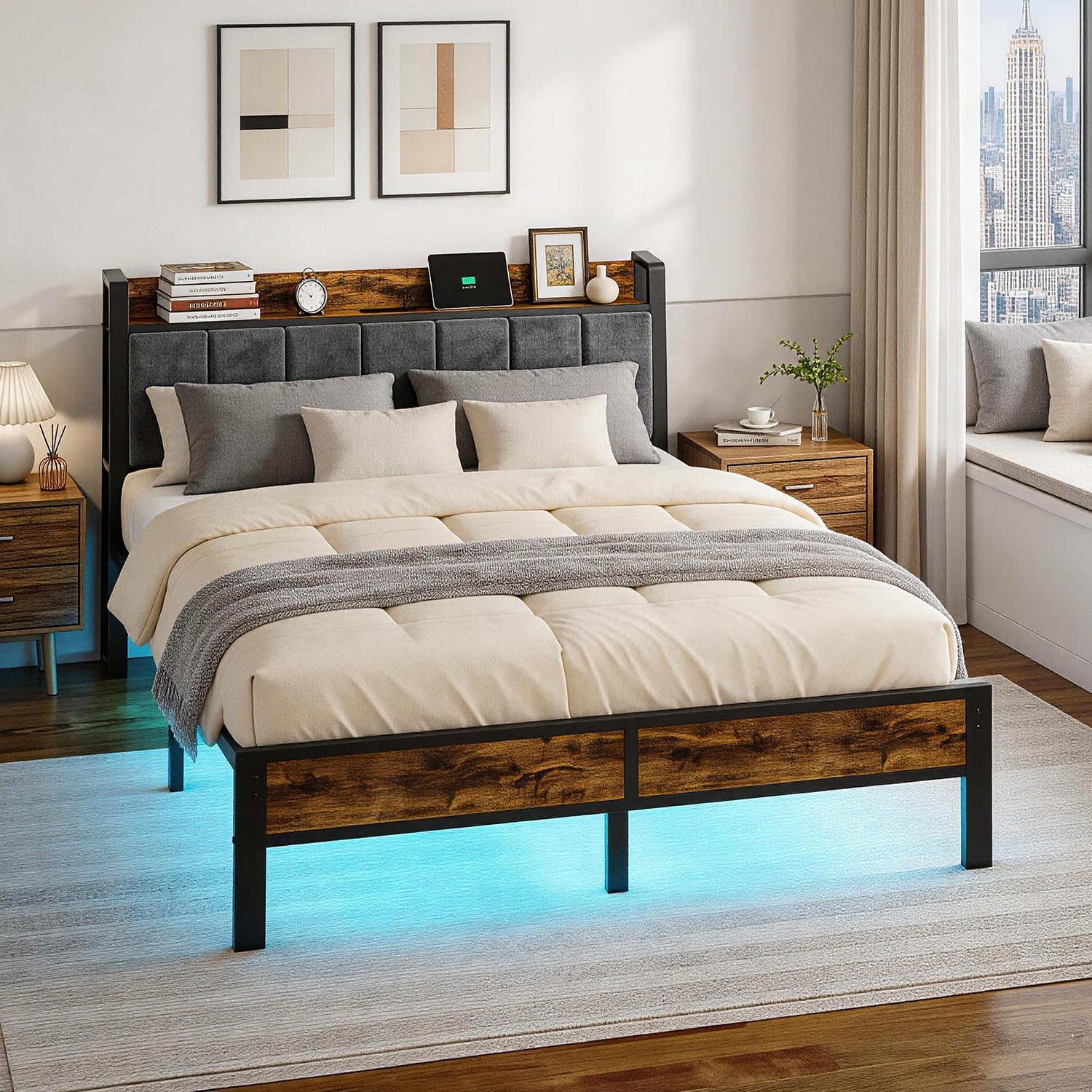 Queen Size Bed Frame with Charging Headboard, Metal Platform Bed with Smart LED Lights, Heavy Duty Metal Slats, No Box Spring Need
