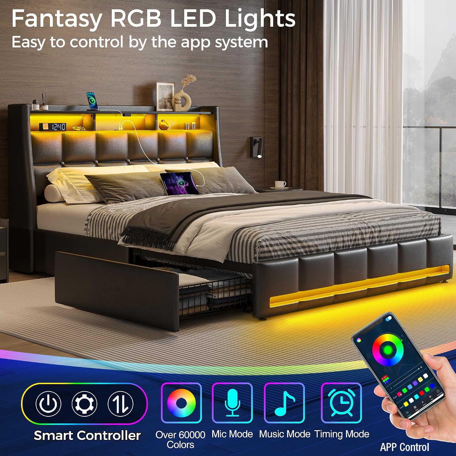 Rolanstar Queen Size Bed Frame with LED Lights and Charging Station, PU Leather Bed Storage Headboard & Drawers, Heavy Duty Wood Slats, Easy Assembly, Black