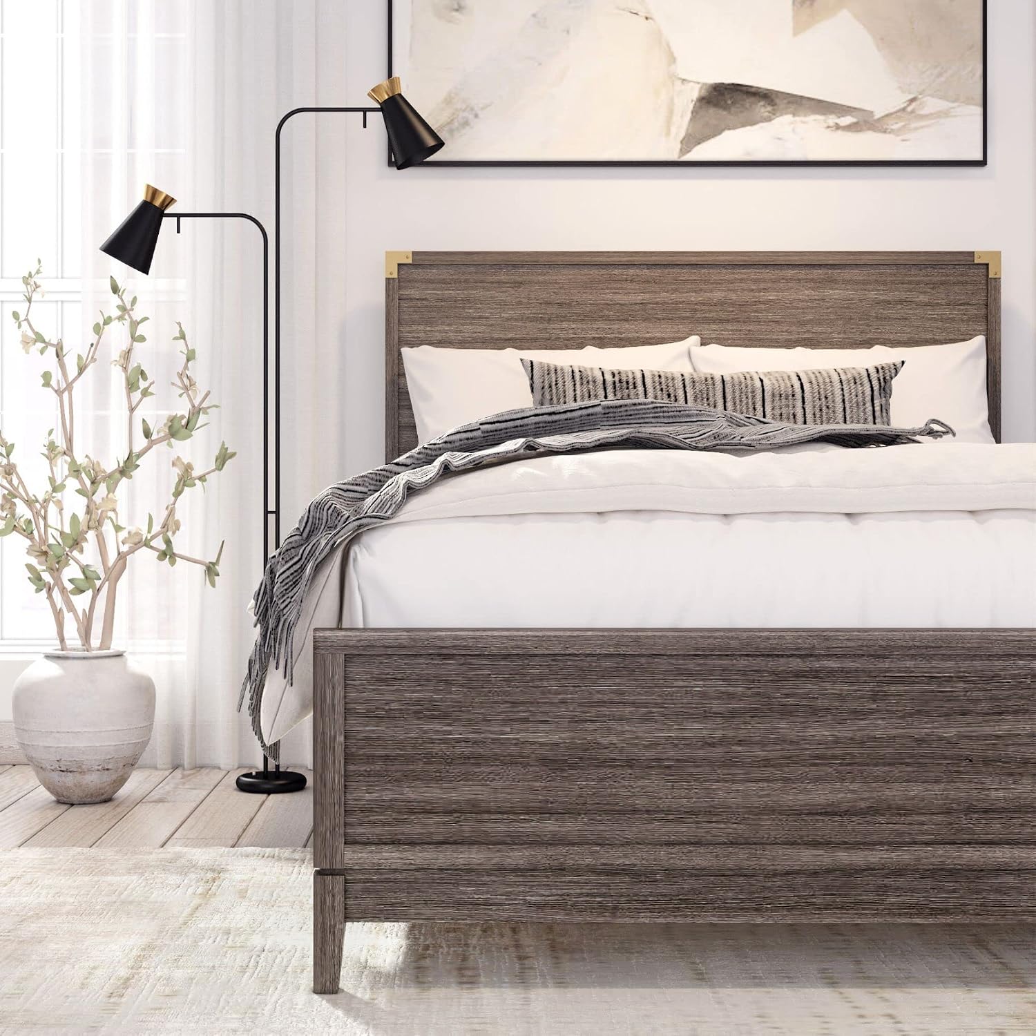 Plank+Beam Contempo Solid Wood Full Bed Frame with Panel Headboard, Modern Platform Bed with Wood Slat Support, No Box Spring Needed, Clay