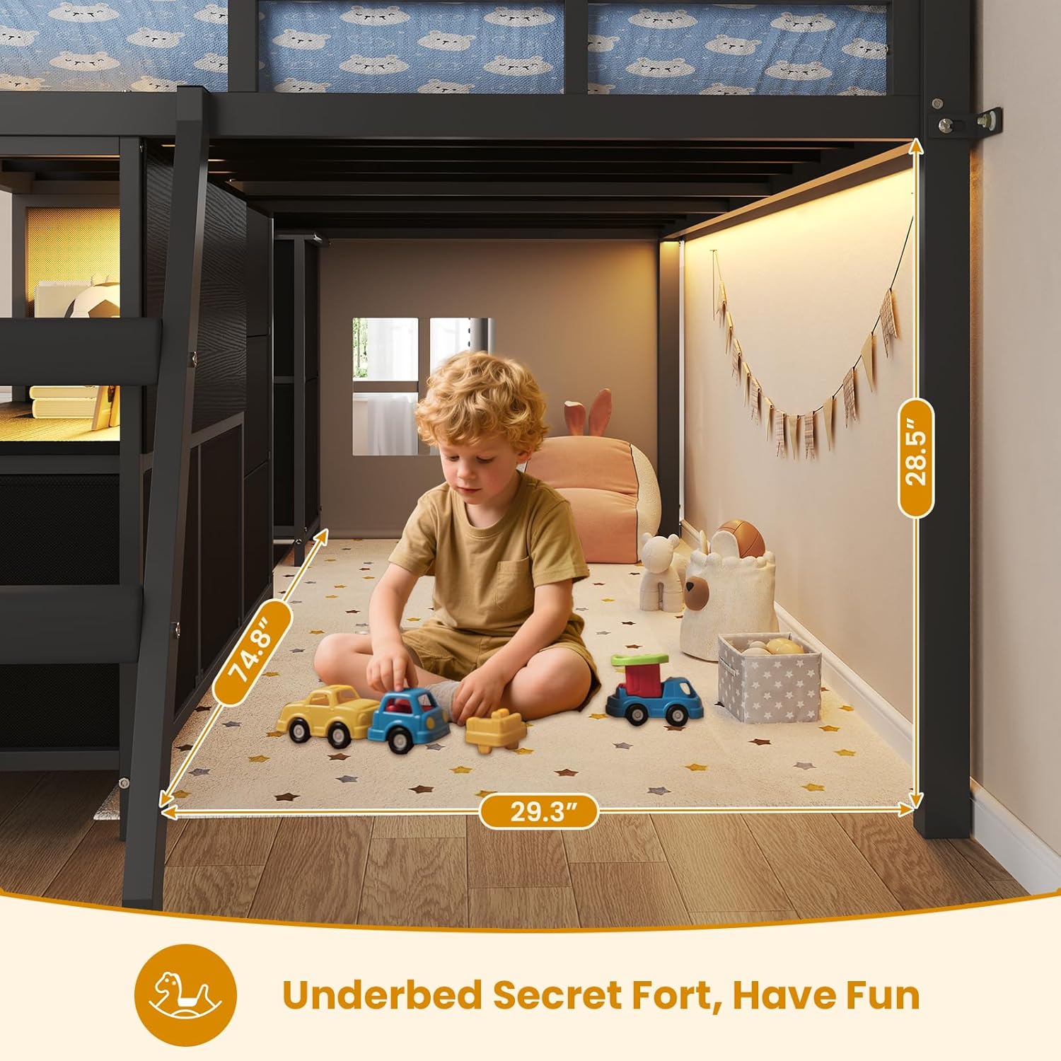 ADORNEVE Low Loft Bed Twin Size with 7 Storage Drawers, Bookcase and LED Lights, Metal Kids Loft Bed with 14' H Safety Guardrail,Inclined Ladder and Play Curtain, Under-Bed Play Space, Black