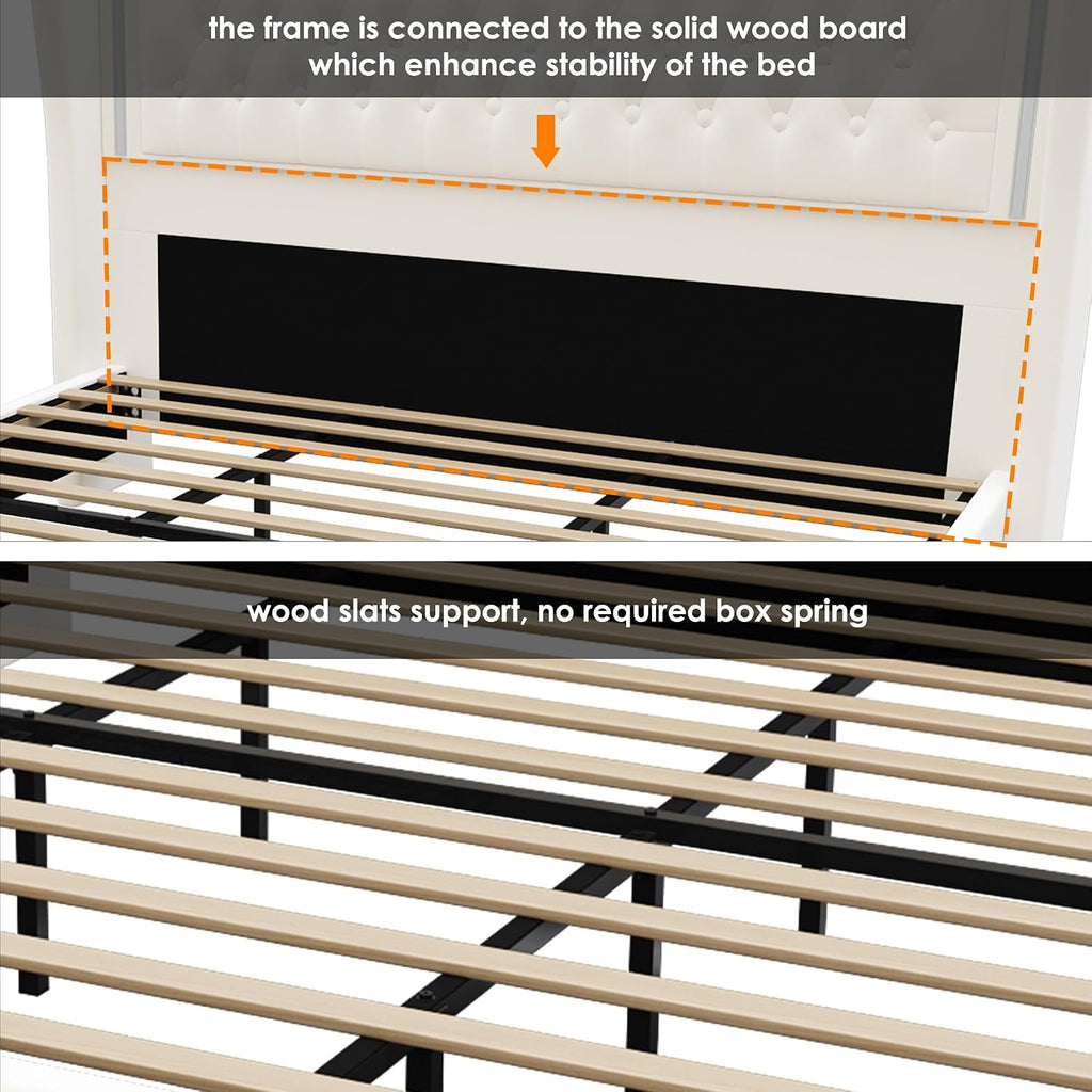 King Bed Frame 55' Tall Headboard with LED Lights, Buttons Tufted Velvet Upholstered Platform Bed Frame with 2 Storage Drawers, Wood Slats Support Mattress Foundation, No Box Spring Needed, Beige
