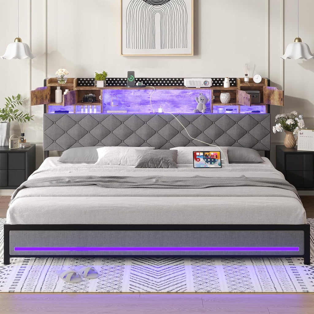 Dnxao King Size Bed Frame with Storage and Upholstered Headboard,Heavy Duty Metal Platform Bed with LED Lights,Charging Station & Hidden Shelves,Noise-Free,No Box Spring Needed,1200lbs,Gray