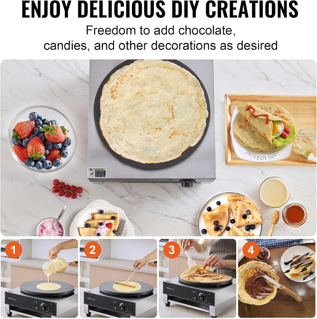 VEVOR Electric Crepe Maker, 16-Inch Commercial Crepe Machine, 1700W Flat Plate Crepe Griddle, Nonstick Stainless Steel Pancake Making Machine, Desktop Circular Cereals Pancake Stove with Temp Control