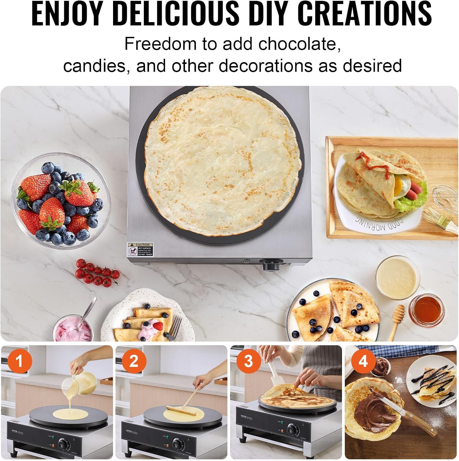 VEVOR Electric Crepe Maker, 16-Inch Commercial Crepe Machine, 1700W Flat Plate Crepe Griddle, Nonstick Stainless Steel Pancake Making Machine, Desktop Circular Cereals Pancake Stove with Temp Control