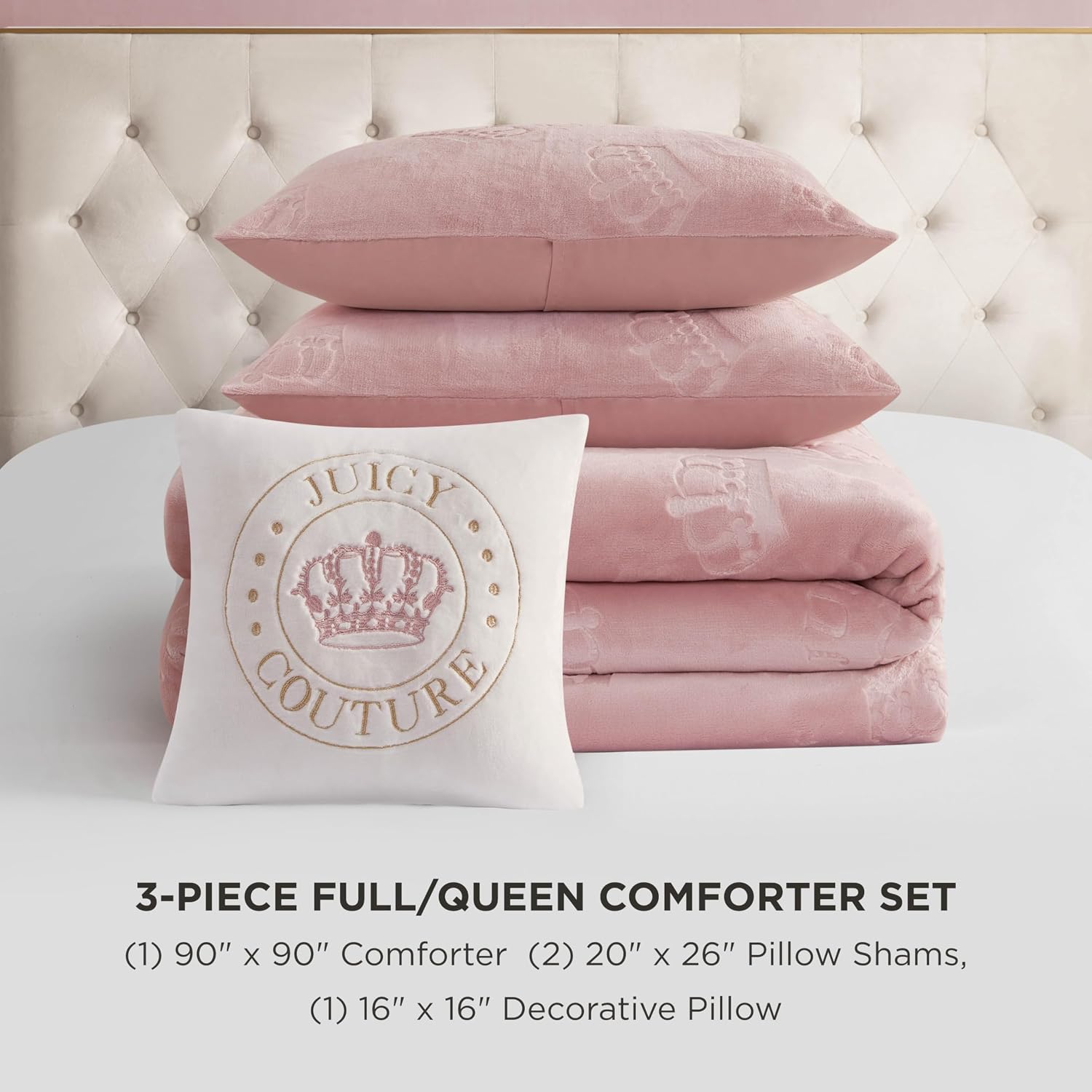 Juicy Couture Plush Reversible Embossed Crown 4-Piece Full/Queen Comforter Set with Decorative Pillow, Light Pink