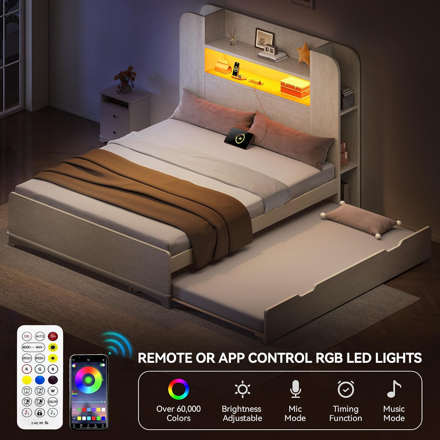 YITAHOME Bed with Trundle, Twin Size Bed Frame with Bookcase Daybed Storage Headboard and Charging Station, RGB LED Lights Bed with Wooden Support for Bedroom, No Box Spring Needed, Noise Free, White