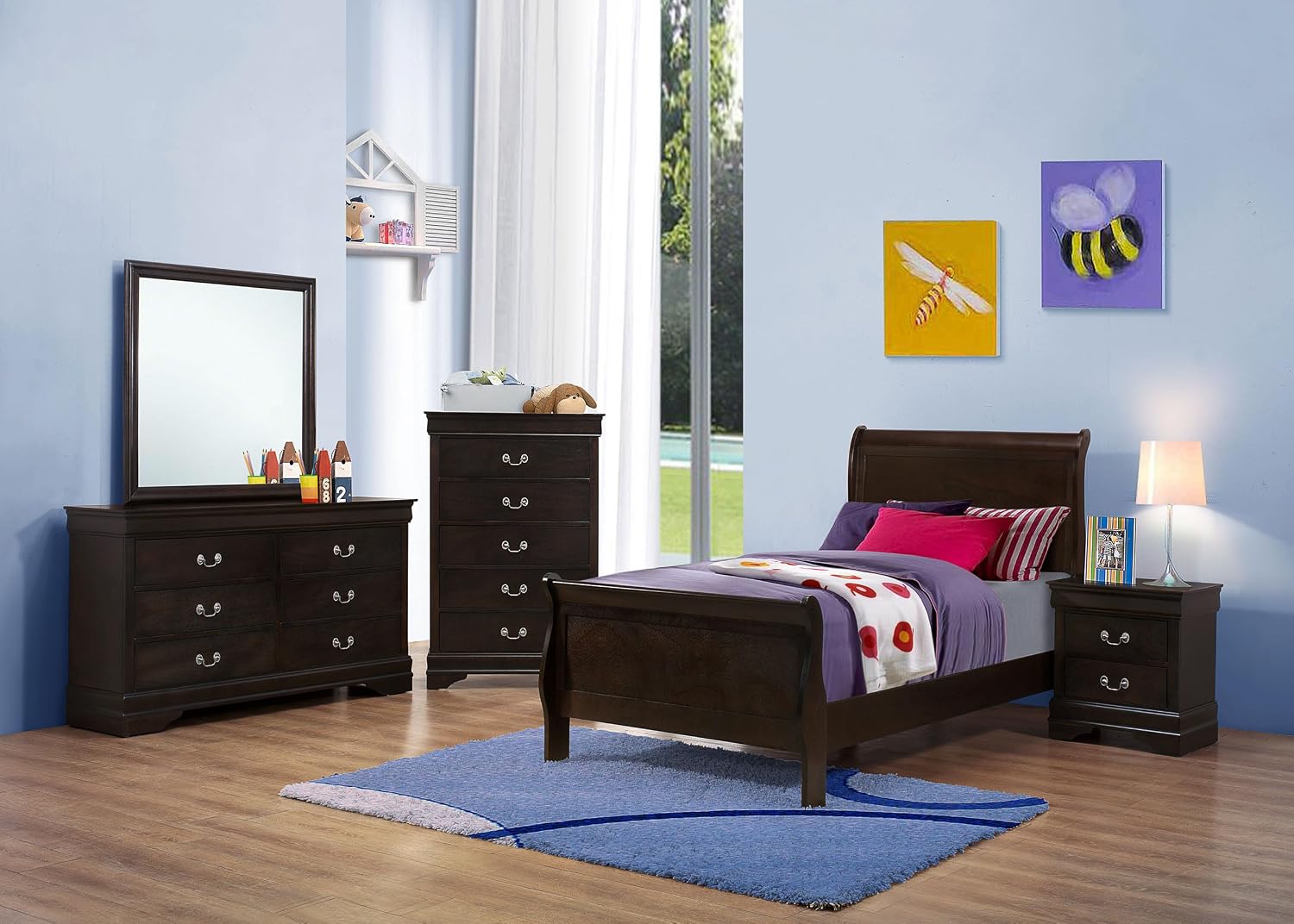 Coaster Home Furnishings Louis Philippe 5-piece Bedroom Set Twin Size Traditional Wooden Sleigh Bed Frame 47-Inch Panel Headboard Nightstand Dresser Mirror and Chest Cappuccino Brown 202411T-S5